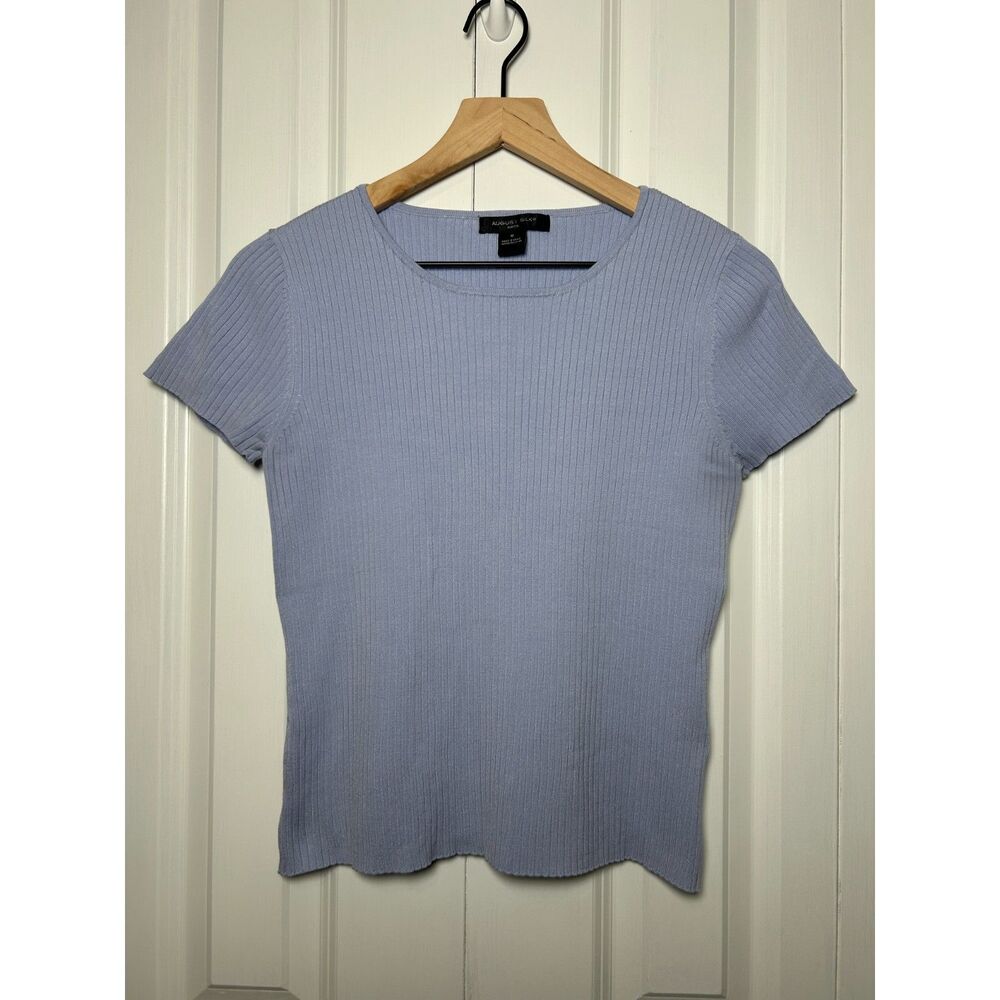 August Silk Knits Blue Ribbed Short Sleeve Sweater Top Medium Silk Blend
